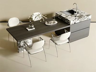 Modern Bar Counter Design Featuring Dark Top Marble Base White Chairs And Decorations 3d model
