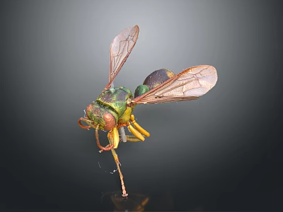 Close Up View of Green and Yellow Wasp with Transparent Wings on Dark Background 3d model