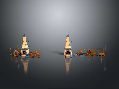 Two Symmetrical Yellow Tower Models With Orange Mechanical Structures On Black Reflective Floor 3d model