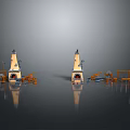 Two Symmetrical Yellow Tower Models With Orange Mechanical Structures On Black Reflective Floor