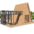 A Frame Wooden House With Balcony Staircase Large Windows And Outdoor Seating