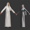 Middle Eastern Male and Female in Traditional Robes with Headscarves Holding Hands Against Dark Background