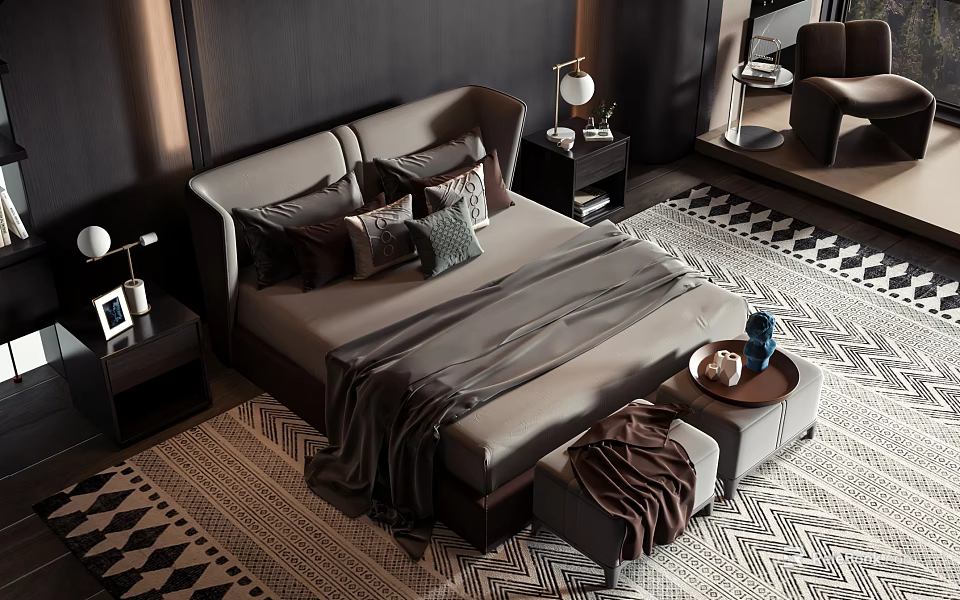 Elegant Double Bed With Multiple Pillows Blanket Footstool Nightstand Table Lamp And Geometric Rug 3d model 