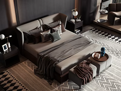 Elegant Double Bed With Multiple Pillows Blanket Footstool Nightstand Table Lamp And Geometric Rug 3d model