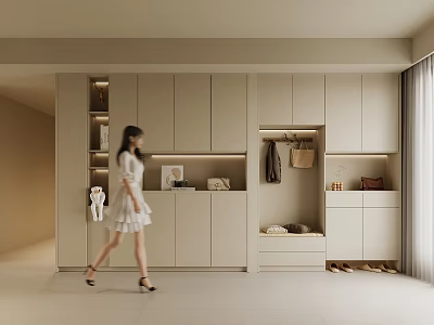 Modern Sleek Shoe Cabinet With Hanging Rack And Storage In Light Colored Interior 3d model