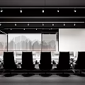 Modern Conference Room With Long Table White Chairs Wooden Walls And City View