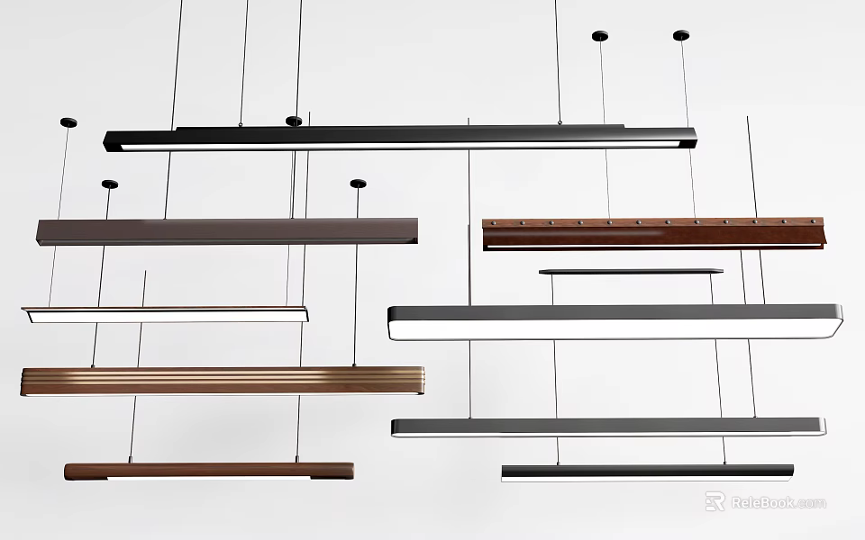 Modern Linear Pendant Lights With Sleek Metal And Wooden Finishes For Living Room Decor 3d model 
