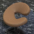 Modern Curved Stool with Brown Beige Checkered Upholstery and Metal Base on Black Marble Floor