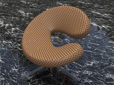 Modern Curved Stool with Brown Beige Checkered Upholstery and Metal Base on Black Marble Floor 3d model