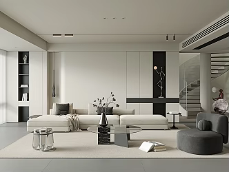 Minimalist Living Room Sofa Coffee Table Combination Single Leisure Chair Sofa Background Wall Unhosted Light Ceiling Rotating Stairs Decorative Painting Chandelier Green Plant Jewelry Pendulum 3d model