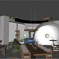 Elegant Modern Clubhouse Interior with Wooden Table Sofa and Circular Wall Decor