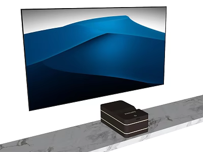 Large Screen Television With Blue Landscape Display On Gray Marble Stand And Black Media Player 3d model