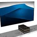 Large Screen Television With Blue Landscape Display On Gray Marble Stand And Black Media Player