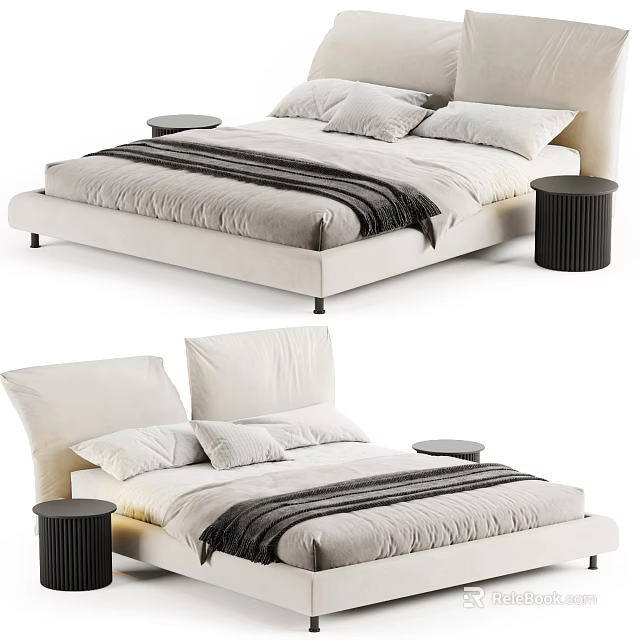 Light Colored Upholstered Double Bed With Pillows Striped Blanket And Black Stools 3d model 