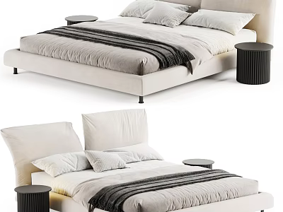 Light Colored Upholstered Double Bed With Pillows Striped Blanket And Black Stools 3d model