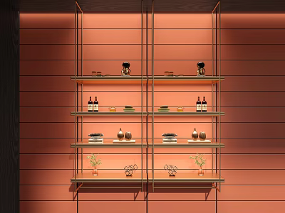 Modern Shelving Unit With Glass Shelves Metal Frame Decorative Bottles Plates And Small Plants 3d model
