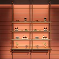 Modern Shelving Unit With Glass Shelves Metal Frame Decorative Bottles Plates And Small Plants