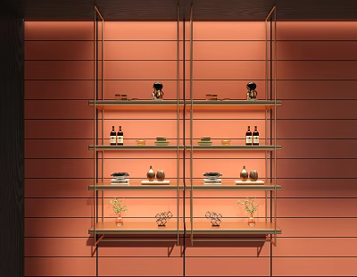 Modern Shelving Unit With Glass Shelves Metal Frame Decorative Bottles Plates And Small Plants 3d model