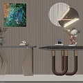 Elegant Modern Console Table With Colorful Decorative Painting Round Mirror And Metal Frame Lighting