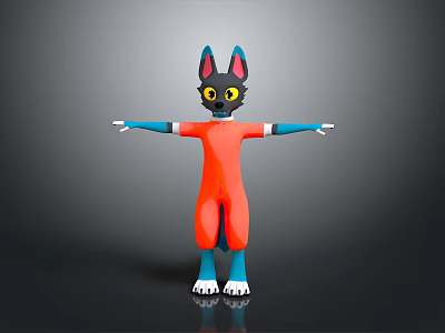 Cartoon Cat Video Game Character With Blue Ears Yellow Eyes Orange Jumpsuit And Outstretched Arms 3d model