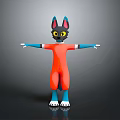 Cartoon Cat Video Game Character With Blue Ears Yellow Eyes Orange Jumpsuit And Outstretched Arms