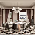 Luxurious Private Dining Room With Round Table Chandelier Curtains And Patterned Tiles 3d model
