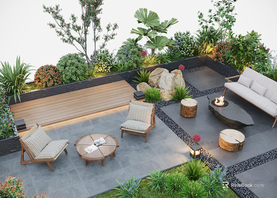 Elegant Garden Courtyard With Wooden Furniture Fire Pit Stone Tiles And Lush Green Plants 3d model 