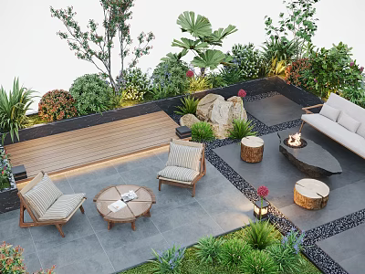 Elegant Garden Courtyard With Wooden Furniture Fire Pit Stone Tiles And Lush Green Plants 3d model