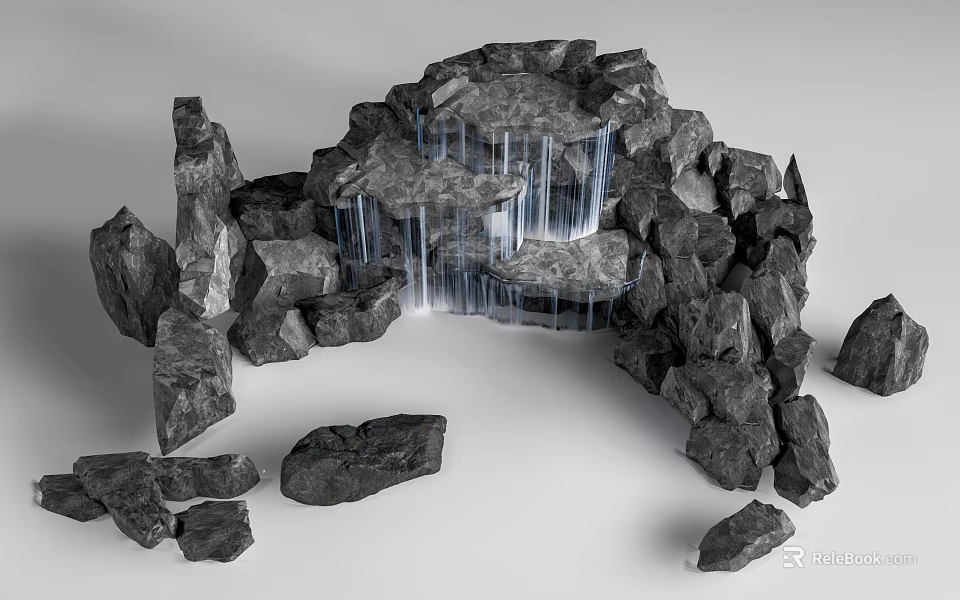 Natural Stone and Wood Rock Formation with Cascading Waterfall and Flowing Water Elements 3d model 
