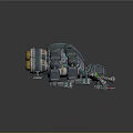 3D Rendered Futuristic Mechanical Device Featuring Metallic Arms Blue Orange Details And Red Markers