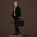 Man in Black Suit with Red Tie Holding Gun and Briefcase Standing Against Brown Background