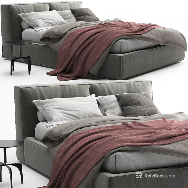 Double Bed with Gray Frame Soft Blanket Pillows and Side Table 3d model 