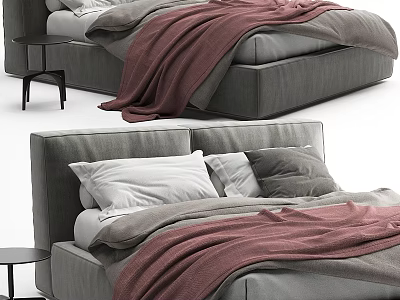 Double Bed with Gray Frame Soft Blanket Pillows and Side Table 3d model