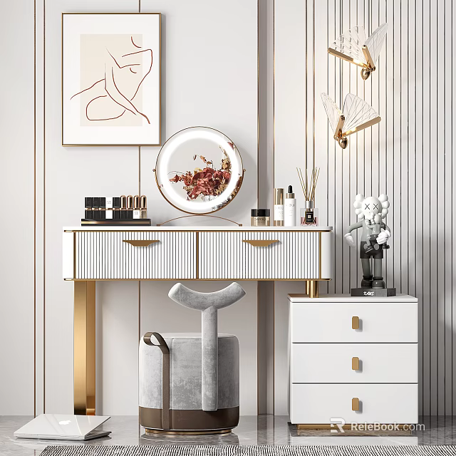 Modern Elegant Dressing Table Interior With Round Mirror Cosmetics Gold Accents And Stool 3d model 