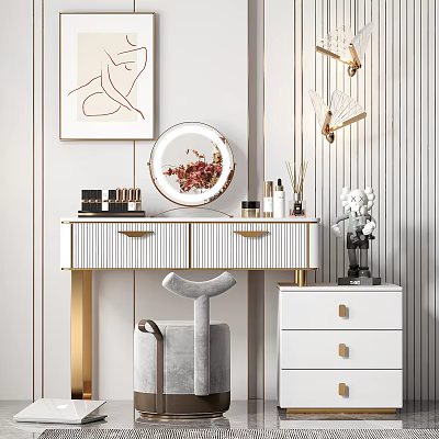 Modern Elegant Dressing Table Interior With Round Mirror Cosmetics Gold Accents And Stool 3d model
