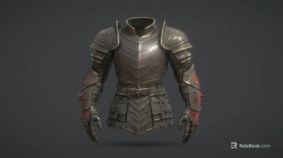 Medieval Metal Armor With Decorative Shoulder And Arm Plates Red Accents 3d model 