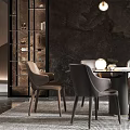 Modern Restaurant Interior With Dining Table Chairs Pendant Lights Dark Marble Wall Decorations Rug