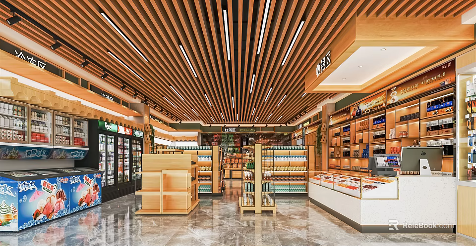 Grocery Supermarket Interior With Organized Shelves Coolers And Various Product Displays 3d model 