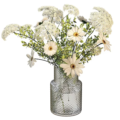 Transparent Textured Glass Vase With Fresh White Daisies And Green Leaves 3d model