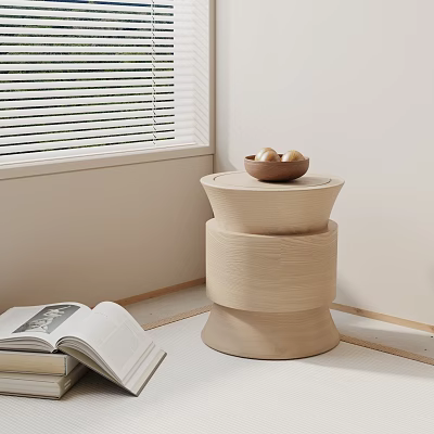 Minimalist Wooden Side Table With Three Tiered Design And Wooden Bowl Of Fruits 3d model