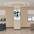 Modern Conference Room With Rows Of Chairs Large Screen And Round Ceiling Lights