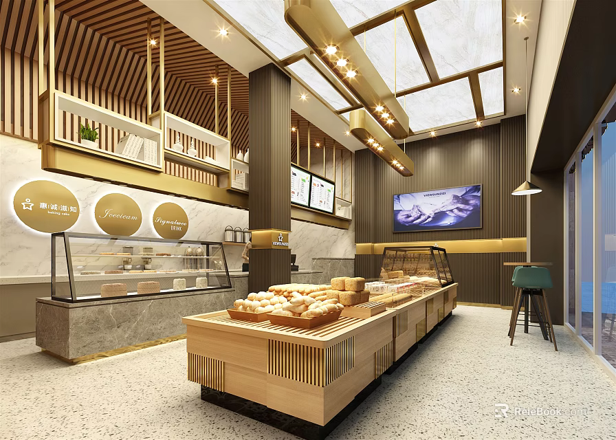 Modern Dessert Shop Interior With Glass Display Cases Fresh Pastries And Warm Lighting 3d model 