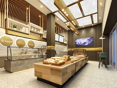 Modern Dessert Shop Interior With Glass Display Cases Fresh Pastries And Warm Lighting 3d model