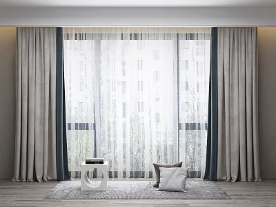 Modern Living Room With Gray Curtains And White Sheer For Large Window 3d model