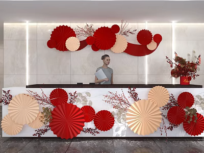 Reception Desk With Red Beige Paper Fans Decorations Plants And Lighting 3d model