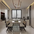 Modern Restaurant Kitchen Space Featuring Dining Table Chairs Cabinets And Pendant Lighting 3d model