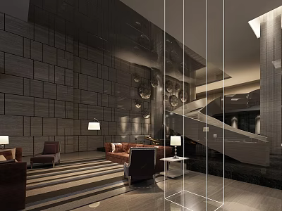 Modern Hotel Lobby Interior With Gray Wall Panels Brown Sofas Striped Carpet And Staircase 3d model