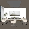 Modern Conference Room With Round Meeting Table White Chairs Large Screen And Green Landscape View