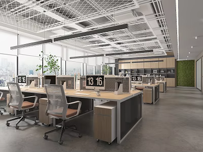 Open Public Office Space With Desks Monitors Chairs Large Windows City View And Green Plants 3d model