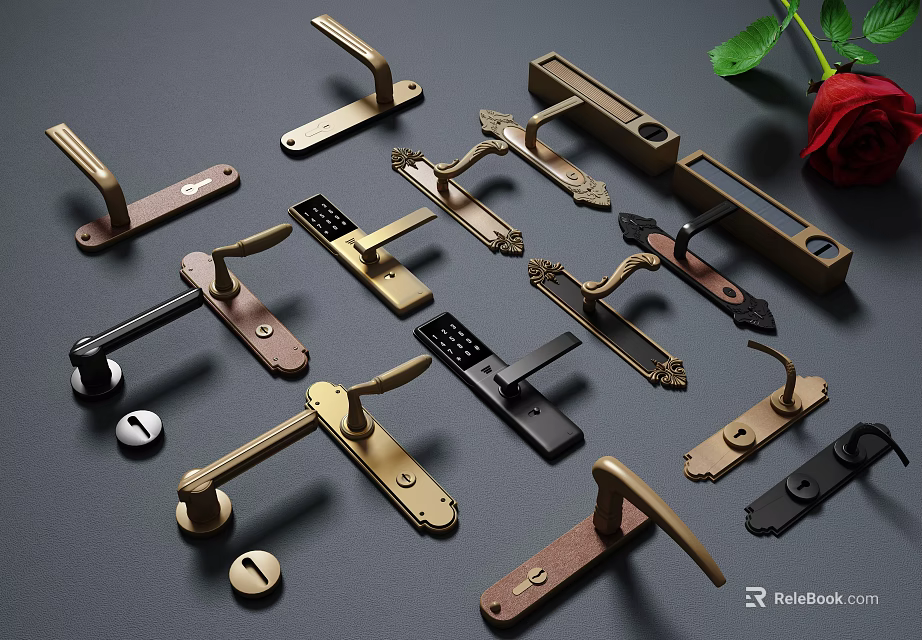 Various Styles Of Door Handles In Brass Black And Wooden Materials With Rose Accent 3d model 